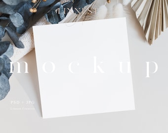 5x5 Square card mockup, Minimalist invitation mockup, Wedding stationary mock up, Greeting card mockup, Simple white card mockup 05