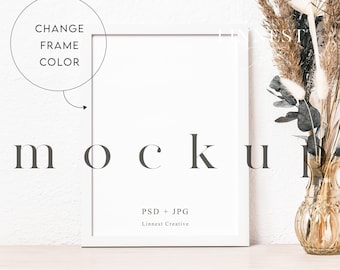 8x11 White frame mockup, Minimalist wood frame art print mockup, Wooden frame mockup, Boho farmhouse picture frame mockup
