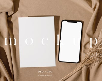 Card and device mockup, iPhone screen mockup, Digital invitation mockup, Invite and smart phone mockup, Boho neutral cell phone mockup 03