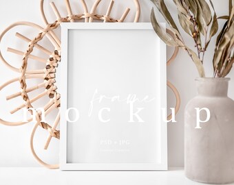 Wooden frame mockup, Minimalist empty white frame, Print mockup, Picture frame mockup, Modern living room mockup, Printables mockup