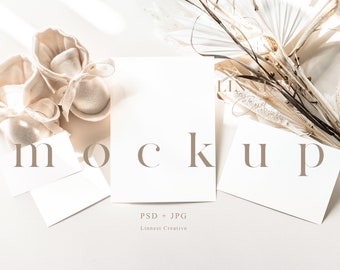 Gender neutral baby shower mockup, Boho baby shower stationary mockup, Invite insert cards mockup, Minimal modern PSD Smart Object mockup 02