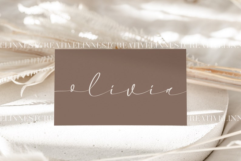 May include: A brown card with the name "Olivia" written in white cursive script.