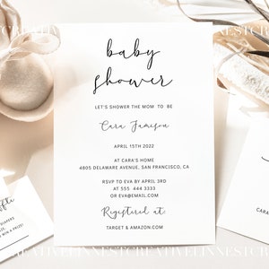 May include: A white baby shower invitation with black calligraphy text. The invitation reads "baby shower" and "Let's shower the mom to be Cara Jameson". The date is April 15th, 2022, at Cara's home, 4805 Delaware Avenue, San Francisco, CA. RSVP to Eva by April 3rd at 555 444 3333 or eva@email.com. Registered at Target & Amazon.com.