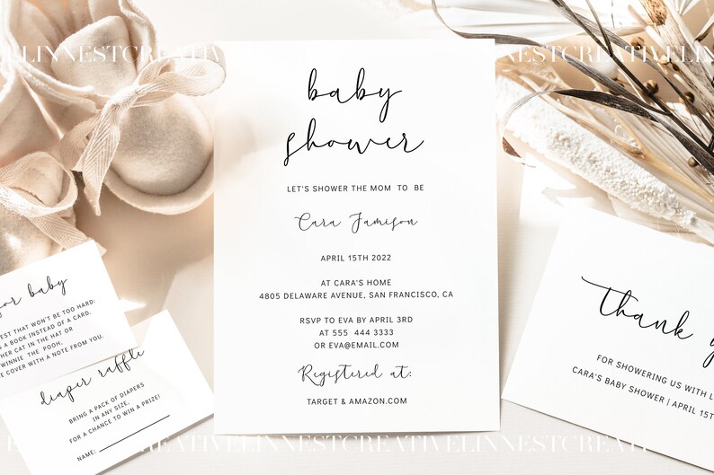 May include: A white baby shower invitation with black calligraphy text. The invitation reads "baby shower" and "Let's shower the mom to be Cara Jameson". The date is April 15th, 2022, at Cara's home, 4805 Delaware Avenue, San Francisco, CA. RSVP to Eva by April 3rd at 555 444 3333 or eva@email.com. Registered at Target & Amazon.com.