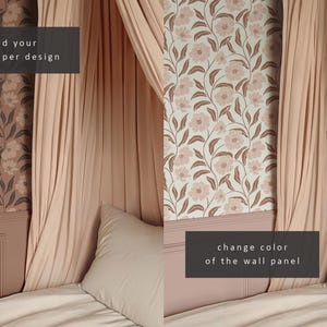 Op de afbeelding: Een roze en wit bloemenbehangontwerp met bruine wijnstokken. Het behang bevindt zich op de muur van een slaapkamer met een hemelbed. De tekst "add your wallpaper design" staat aan de linkerkant van de afbeelding en de tekst "change color of the wall panel" staat aan de rechterkant van de afbeelding.