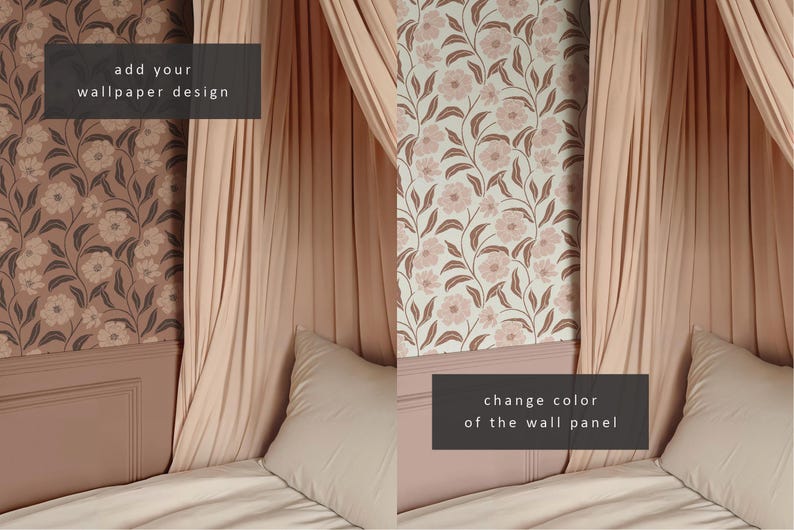 Op de afbeelding: Een roze en wit bloemenbehangontwerp met bruine wijnstokken. Het behang bevindt zich op de muur van een slaapkamer met een hemelbed. De tekst "add your wallpaper design" staat aan de linkerkant van de afbeelding en de tekst "change color of the wall panel" staat aan de rechterkant van de afbeelding.