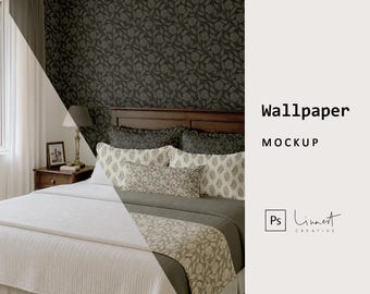 May include: A bedroom mockup with a bed featuring a white quilt and patterned pillows. The dark green wallpaper has a floral design. The text "Wallpaper MOCKUP" is displayed on the right side of the image.