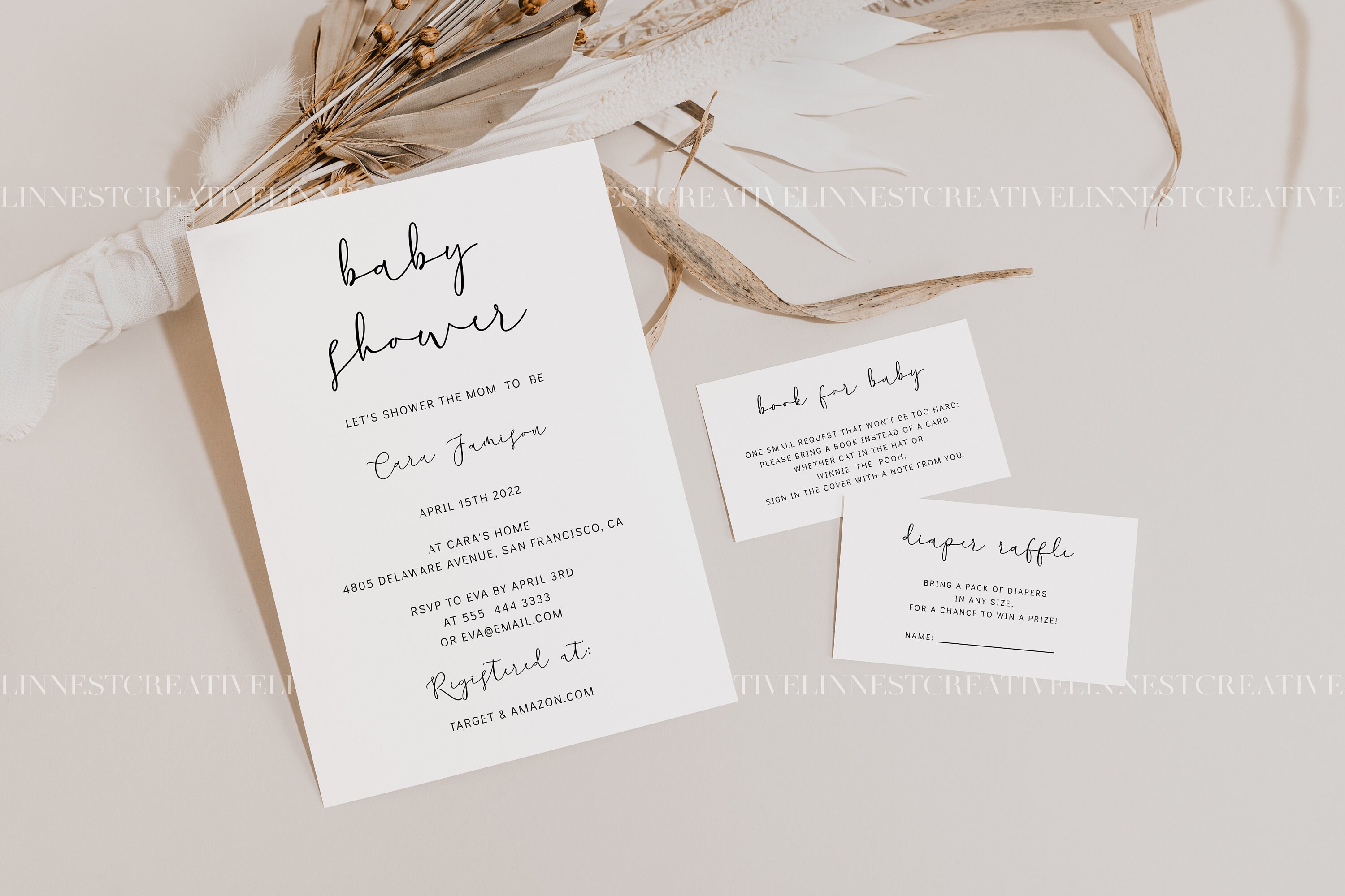 ベビーシャワー文具モックアップ、ボヘミアン風ジェンダーニュートラル 