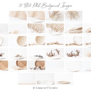 May include: A collection of 31 stock photos featuring various natural elements, including dried palm leaves, woven baskets, wooden bowls, and dried grasses, all arranged on a white background. These images are perfect for creating a minimalist and natural aesthetic in your designs.
