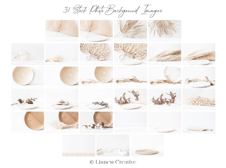 May include: A collection of 31 stock photos featuring various natural elements, including dried palm leaves, woven baskets, wooden bowls, and dried grasses, all arranged on a white background. These images are perfect for creating a minimalist and natural aesthetic in your designs.