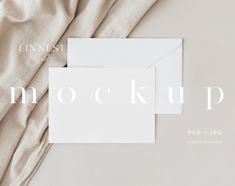 Landscape card with envelope mockup, Modern greeting card mockup, Minimalist horizontal postcard, 7x5 wedding stationary card mockup