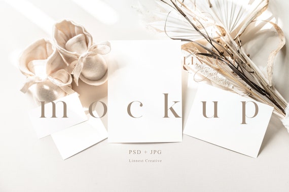 Gender neutral baby shower mockup, Boho baby shower stationary mockup, Invite insert cards mockup, Minimal modern PSD Smart Object mockup 02