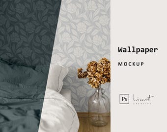 May include: A wallpaper mockup featuring a floral pattern in dark grey and light grey. The image displays a bed with bedding, a glass vase containing dried golden flowers, and text that reads Wallpaper MOCKUP and Ps Linnert CREATIVE.