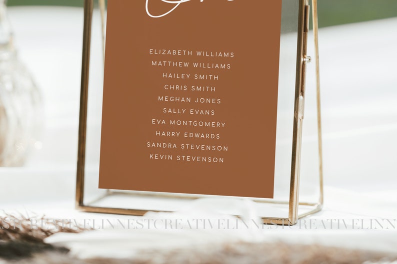 Puede incluir: Una tarjeta marr&oacute;n con texto blanco que enumera nombres en un marco dorado. El texto dice: Elizabeth Williams, Matthew Williams, Hailey Smith, Chris Smith, Meghan Jones, Sally Evans, Eva Montgomery, Harry Edwards, Sandra Stevenson, Kevin Stevenson.