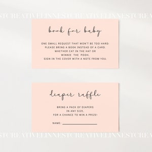 May include: Two pink cards with black text. The top card says "book for baby" and has instructions to bring a book instead of a card. The bottom card says "diaper raffle" and asks guests to bring a pack of diapers for a chance to win a prize.