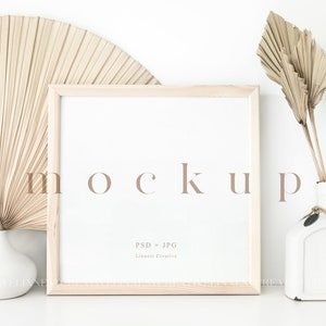 Square frame mockup, Minimalist empty wooden frame, Print mockup, Wooden picture frame mockup, Modern living room mockup, Printables mockup