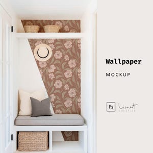 May include: A white built-in bench with a cushion and a shelf above it. The wall behind the bench is covered in a floral wallpaper with pink flowers and green leaves on a brown background. The text "Wallpaper MOCKUP" is visible on the right side of the image.