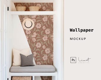 Mockup di carta da parati per ingresso piccolo, Mockup di carta da parati con motivo superficiale scandinavo costiero chiaro, Mockup di motivo di parete vuota semplice