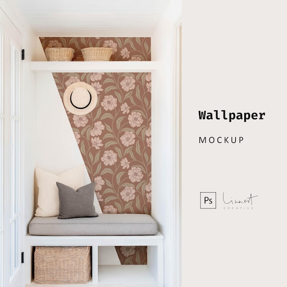 Small Entryway Wallpaper Mockup, Light Coastal Scandinavian Surface Pattern Design Wallpaper Mockup, Simple Blank Empty Wall Pattern Mockup
