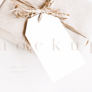 Maquette d’étiquette cadeau Boho blanc simple, Maquette d’étiquette de faveur de mariage, Maquette d’étiquette cadeau de Noël légère moderne, Maquette d’étiquette cadeau vide minimaliste 2x3.5