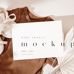 Babypartyeinladungs-Modell, horizontale Karte Mockup, Gender neutrales Einladungsmodell, Postkarten-Mockup, Minimales Boho-Landschaftsmuster 01