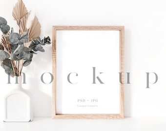 Wood frame mockup, Minimalist art print mockup, Wooden boho frame mockup, Farmhouse picture frame mockup, Rustic frame mockup