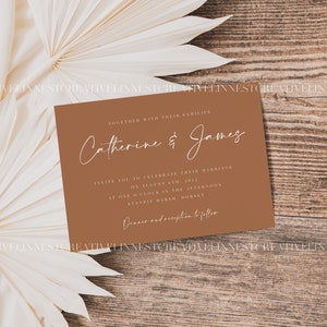 May include: A brown wedding invitation card with white text. The text reads "Together with their families, Catherine & James. Invite you to celebrate their marriage on August 6th, 2022, at one o'clock in the afternoon at Stanpit House, Horsey. Dinner and reception to follow."