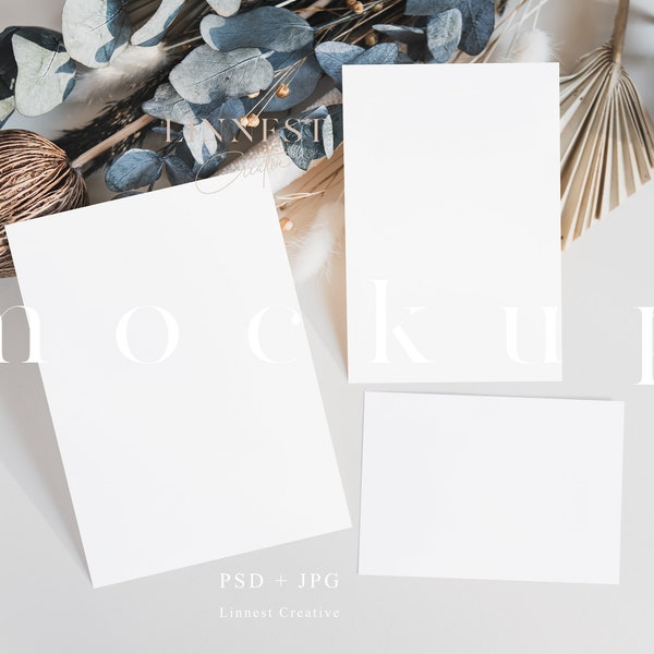 Wedding mock up, Minimalist invitation mockup, 5x7 card mockup set, Dried flowers eucalyptus card mockup, Wedding stationary suite mockup 05