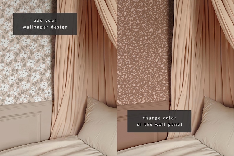 Op de afbeelding: Een mockup van een slaapkamer met een hemelbed. De muur achter het bed is lichtbruin met een bloemenpatroon. De tekst "add your wallpaper design" staat aan de linkerkant van de afbeelding. De tekst "change color of the wall panel" staat aan de rechterkant van de afbeelding.