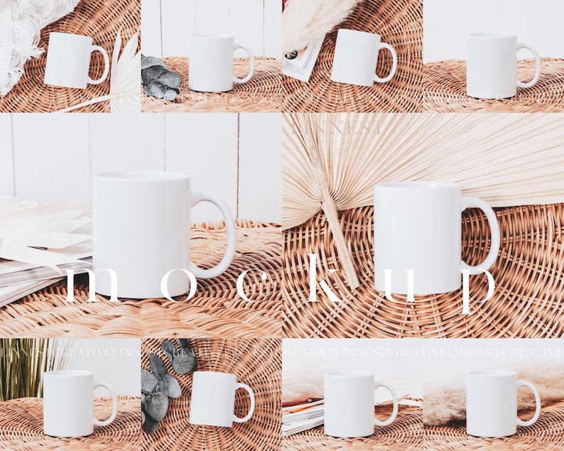 K&ouml;nnte beinhalten: Ein Set aus acht wei&szlig;en Keramikbechern mit schlichtem Design, angeordnet auf verschiedenen Oberfl&auml;chen, darunter Weidengeflecht, Holz und Stoff. Die Becher eignen sich perfekt, um Ihre Designs oder Ihre Marke zu pr&auml;sentieren.