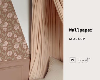 May include: A mockup of a wallpaper design featuring a floral pattern in shades of pink and green on a brown background. The wallpaper is displayed on a wall in a bedroom setting with a bed draped in beige fabric.