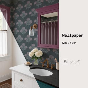 May include: Bathroom interior with floral wallpaper, a white vanity with a marble countertop, and a gold faucet. The mirror frame is a deep purple, and the text "Wallpaper MOCKUP" is visible.