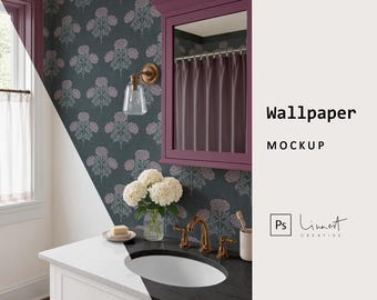 May include: Bathroom scene featuring floral wallpaper, a white vanity with a marble surface, and a gold tap. The mirror frame is a deep purple, with the text "Wallpaper MOCKUP".