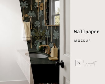 May include: A bathroom interior featuring dark wallpaper with a repeating palm tree pattern, a floating black vanity with a gold faucet, a round mirror, a wall-mounted light fixture, a towel ring with a beige towel, and a soap dispenser set.