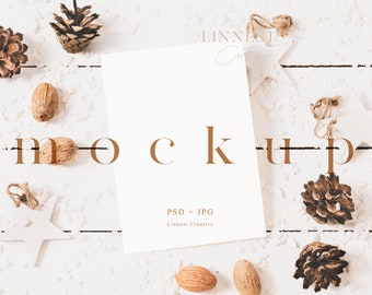 Urlaubskarte Mockup Smart Objekt, Weihnachtskarte Mockup, 5x7 Postkarte Mockup, Rustikales Boho Weihnachtskarte Mockup, Neutrale Töne 019