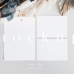 Mockup di suite di inviti, Mockup di matrimonio minimalista, Set di mockup di biglietti 5x7, Mockup di biglietti di eucalipto con fiori secchi, Mockup di cancelleria per matrimoni 05