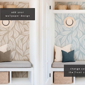 Puede incluir: Dos im&aacute;genes de una peque&ntilde;a entrada con un banco, cestas y un papel tapiz estampado. El texto "add your wallpaper design" est&aacute; en la imagen de la izquierda. El texto "change color of the front cushion" est&aacute; en la imagen de la derecha.