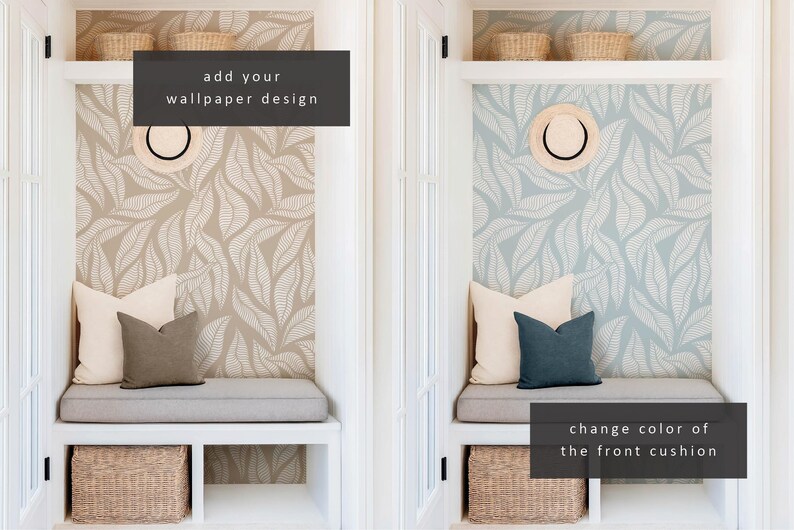 Puede incluir: Dos im&aacute;genes de una peque&ntilde;a entrada con un banco, cestas y un papel tapiz estampado. El texto "add your wallpaper design" est&aacute; en la imagen de la izquierda. El texto "change color of the front cushion" est&aacute; en la imagen de la derecha.