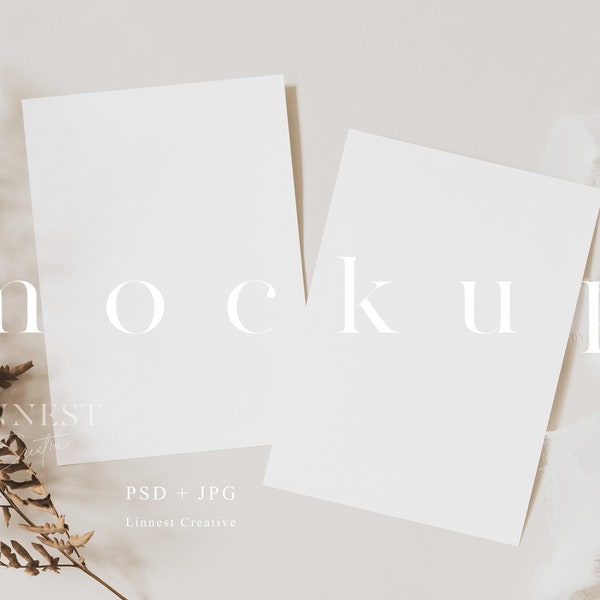 Two white cards mockup, Double card mockup, Wedding stationary mockup, Minimalist greeting card mockup, 5x7" Modern neutral tones card 023