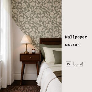 May include: A bedroom scene featuring wallpaper with a sage green and cream floral pattern, a dark wood nightstand with a pleated lamp, and a bed with cream and olive green pillows. The text Wallpaper MOCKUP and Ps Linnert Creative is visible.