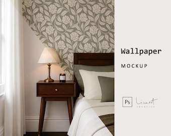 May include: A bedroom scene featuring wallpaper with a sage green and cream floral pattern, a dark wood nightstand with a pleated lamp, and a bed with cream and olive green pillows. The text Wallpaper MOCKUP and Ps Linnert Creative is visible.