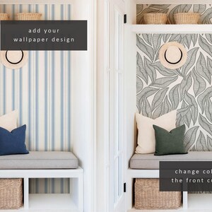 Puede incluir: Dos im&aacute;genes de un banco blanco con un coj&iacute;n y una cesta debajo. La imagen de la izquierda muestra un papel tapiz a rayas azules y blancas con el texto "add your wallpaper design". La imagen de la derecha muestra un papel tapiz blanco con un patr&oacute;n de hojas negras y el texto "change color of the front cushion".