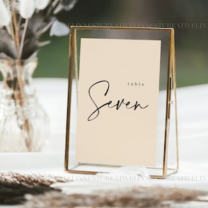 Puede incluir: Un marco dorado con una tarjeta beige en su interior. La tarjeta tiene texto negro que dice "table Seven".