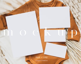 Baby shower bundle mockup, Boho gender neutral baby shower suite mockup, Insert cards mockup, Minimal modern PSD Smart Object mockup 012