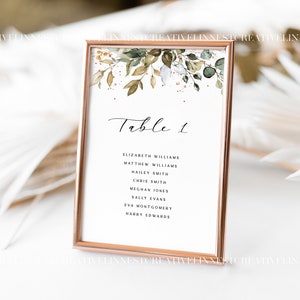 May include: A white card with a gold frame and a floral design at the top. The card says "Table 1" and lists the names of guests: Elizabeth Williams, Matthew Williams, Hailey Smith, Chris Smith, Meghan Jones, Sally Evans, Eva Montgomery, and Harry Sowards.