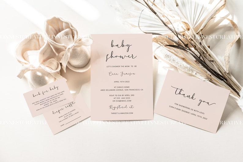 May include: A pink baby shower invitation with the text "baby shower" and "Let's shower the mom to be Cara Jameson" in black script font. The invitation includes the date, location, RSVP information, and registry details. A thank you card with the text "Thank you for showering us with love! Cara's baby shower April 15th, 2022" is also included.