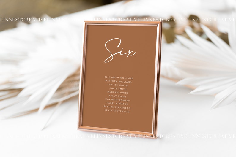 May include: A rose gold framed table number card with the number "Six" written in white cursive script. The card lists the names of guests assigned to table six, including Elizabeth Williams, Matthew Williams, Mailey Smith, Chris Smith, Meghan Jones, Sally Evans, Eva Montgomery, Harry Edwards, Sandra Stevenson, and Kevin Stevenson.