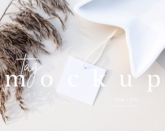 Square gift tag mockup, Favor tag mockup, Minimalist label, Wedding stationery mockup, Natural tones blank white card