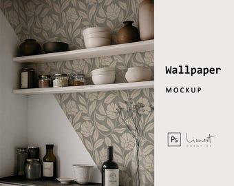 May include: A kitchen interior mockup with white shelves displaying bowls, jars, and vases. The wall is decorated with floral wallpaper in neutral colours. The text "Wallpaper MOCKUP" is visible on the right.