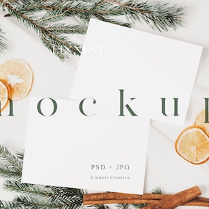 Christmas card mockup double card, 7x5 Holiday card mock up Smart Object, Rustic Christmas greeting card mockup natural elements 022